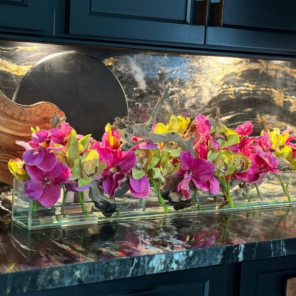 Modern House Glass Vase with Pink Vanda Orchids and Green Cymbidiums The New Garden