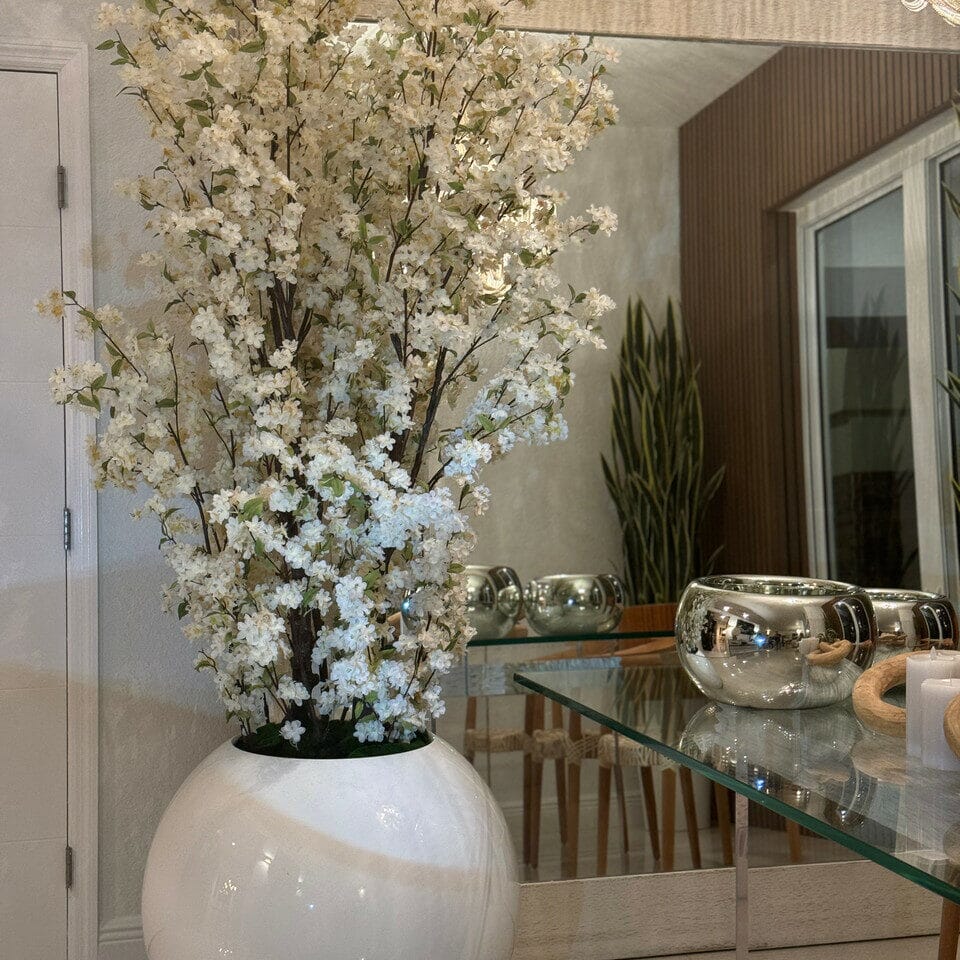 30" Glossy White Globe Vase with White Cherry Blossom Branches The New Garden 