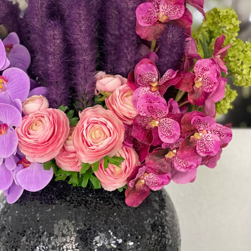 Black Mosaic Vase with Liatris and Orchids The New Garden 