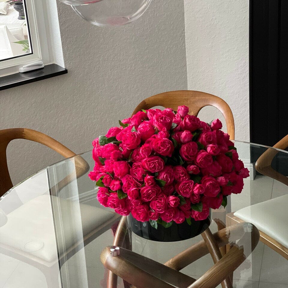 Dark Pink English Roses in Black Glass Vase The New Garden 