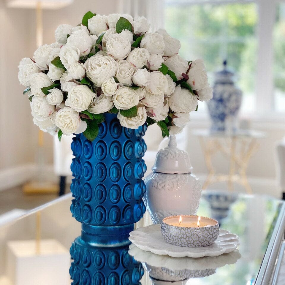 English White Roses in Textured Blue Vase The New Garden 