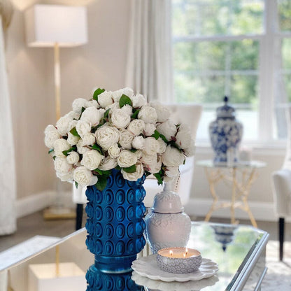 English White Roses in Textured Blue Vase The New Garden 
