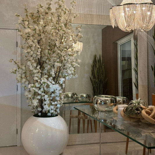 Glossy White Globe Vase with White Cherry Blossom Branches – 185 cm The New Garden 