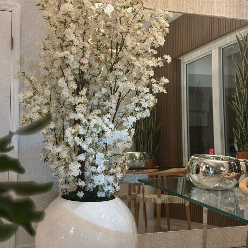 Glossy White Globe Vase with White Cherry Blossom Branches – 185 cm The New Garden 