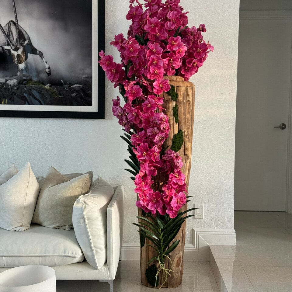 Large teak vase with natural edges and pink Vanda orchids The New Garden 