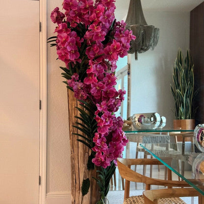 Large teak vase with natural edges and pink Vanda orchids The New Garden 