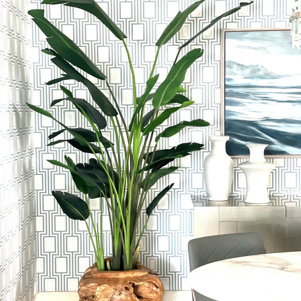 Large Vase Made of Teak Wood with Magnificent Strelitzia (Bird of Paradise) The New Garden 