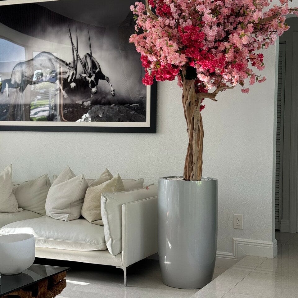 Lisbon Vase in Glossy Silver with Personalized Tri-Colored Pink Cherry Blossoms The New Garden 