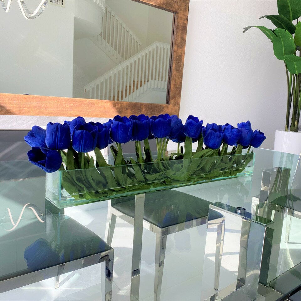 Modern Glass Vase with Blue Tulips The New Garden 