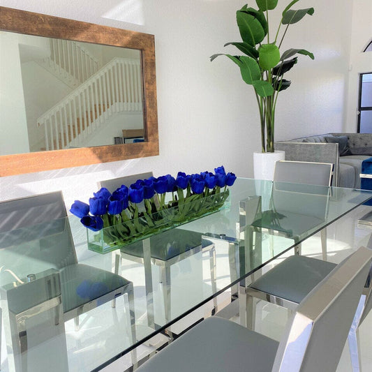 Modern Glass Vase with Blue Tulips The New Garden 