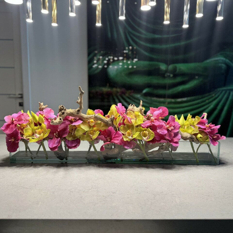 Modern House Glass Vase with Pink Vanda Orchids and Green Cymbidiums The New Garden 