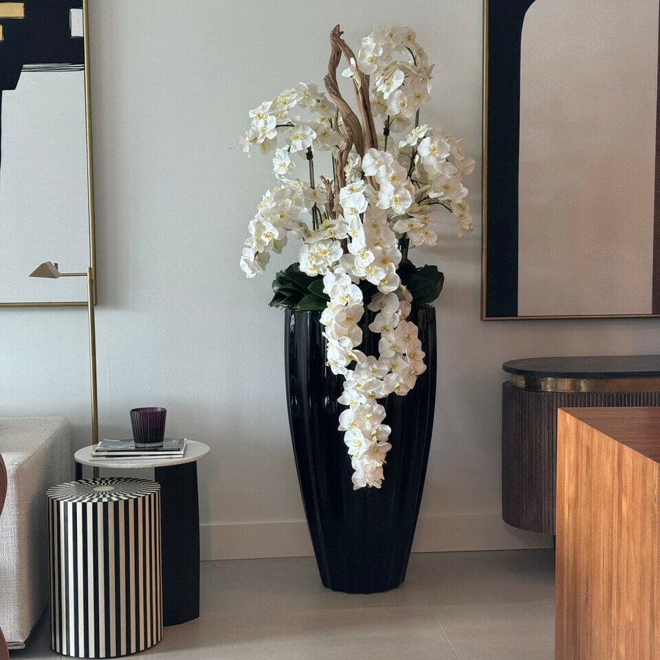 San Jose Vase in glossy black with hanging yellow orchids The New Garden 