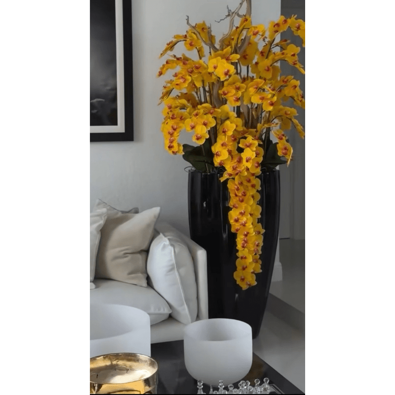 San Jose Vase in shiny black with hanging yellow orchids The New Garden 