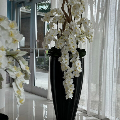 Shiny Black San Jose Vase with Cascading White Orchids The New Garden 