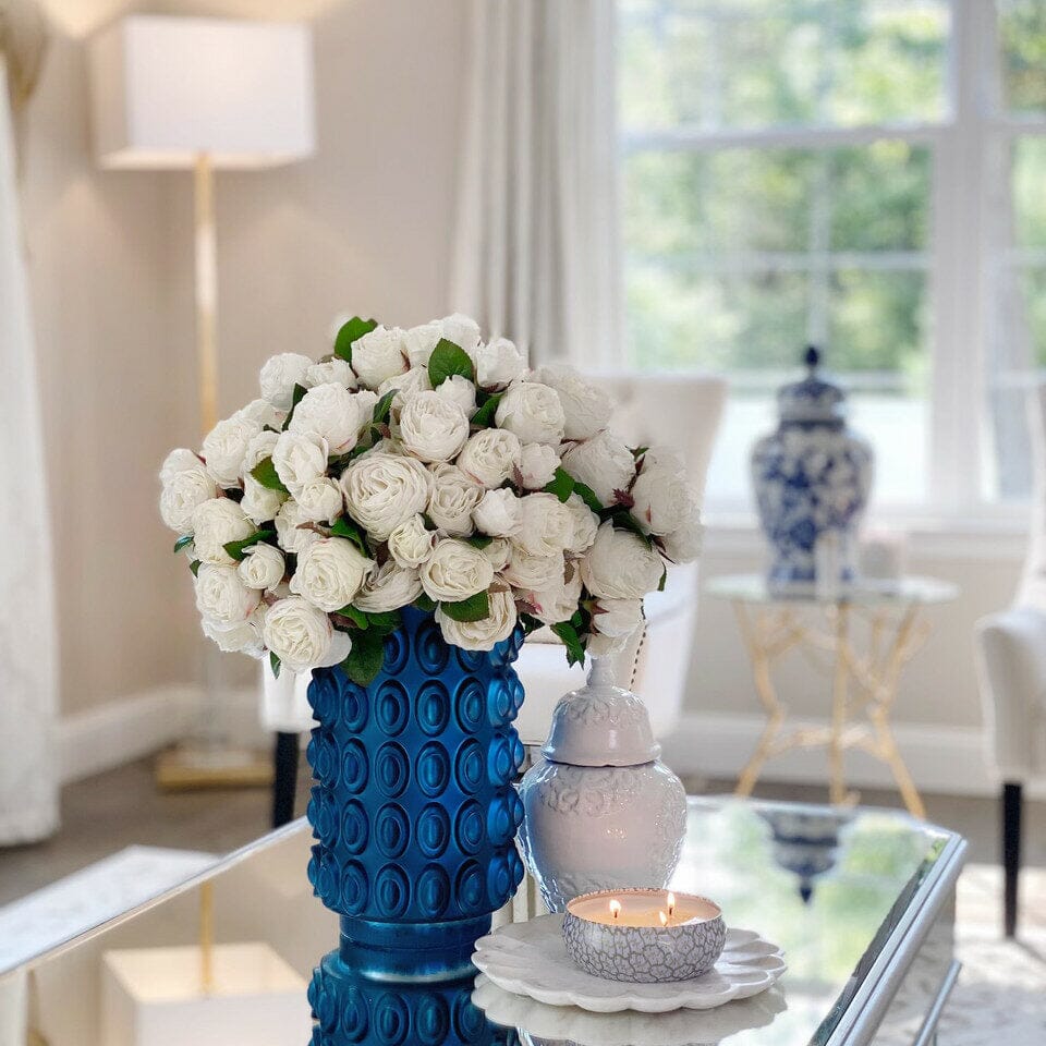 White English Roses in Blue Textured Vase The New Garden 
