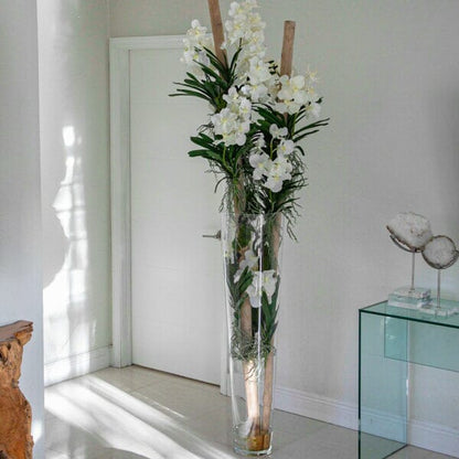 White Vanda Orchids and Driftwood Inside a Large Conical Glass Cylinder The New Garden 