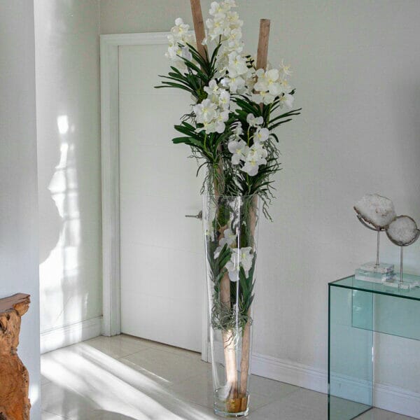 White Vanda Orchids with Driftwood in a Large Conical Glass Cylinder The New Garden 